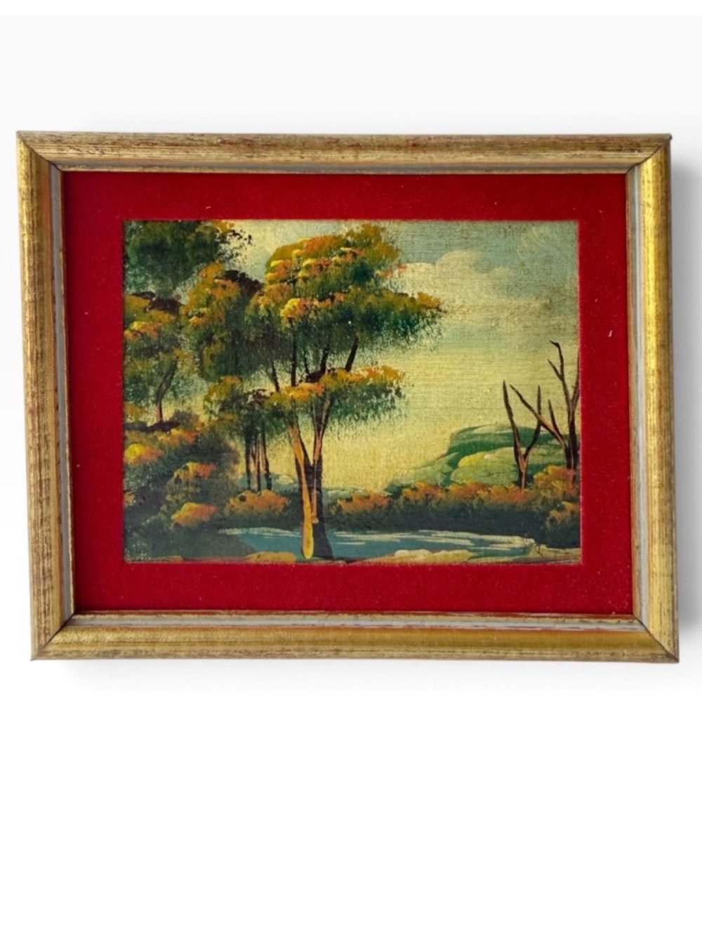 Vintage Nature Autumn Trees Landscape Small Mini Giclee Painting Framed 5x6 in.